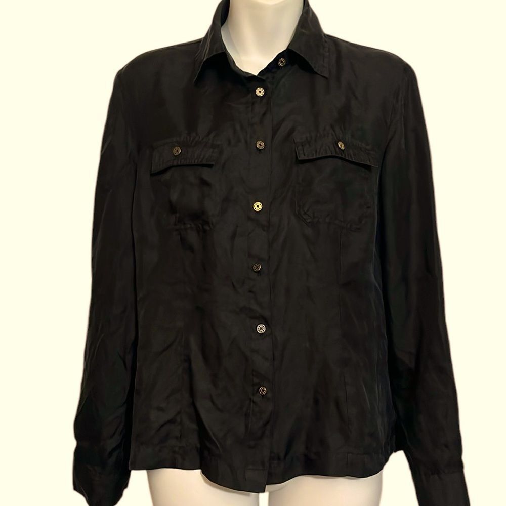 Jaclyn Smith 100% Silk Black Button Down Convertible Sleeve Blouse S vintage